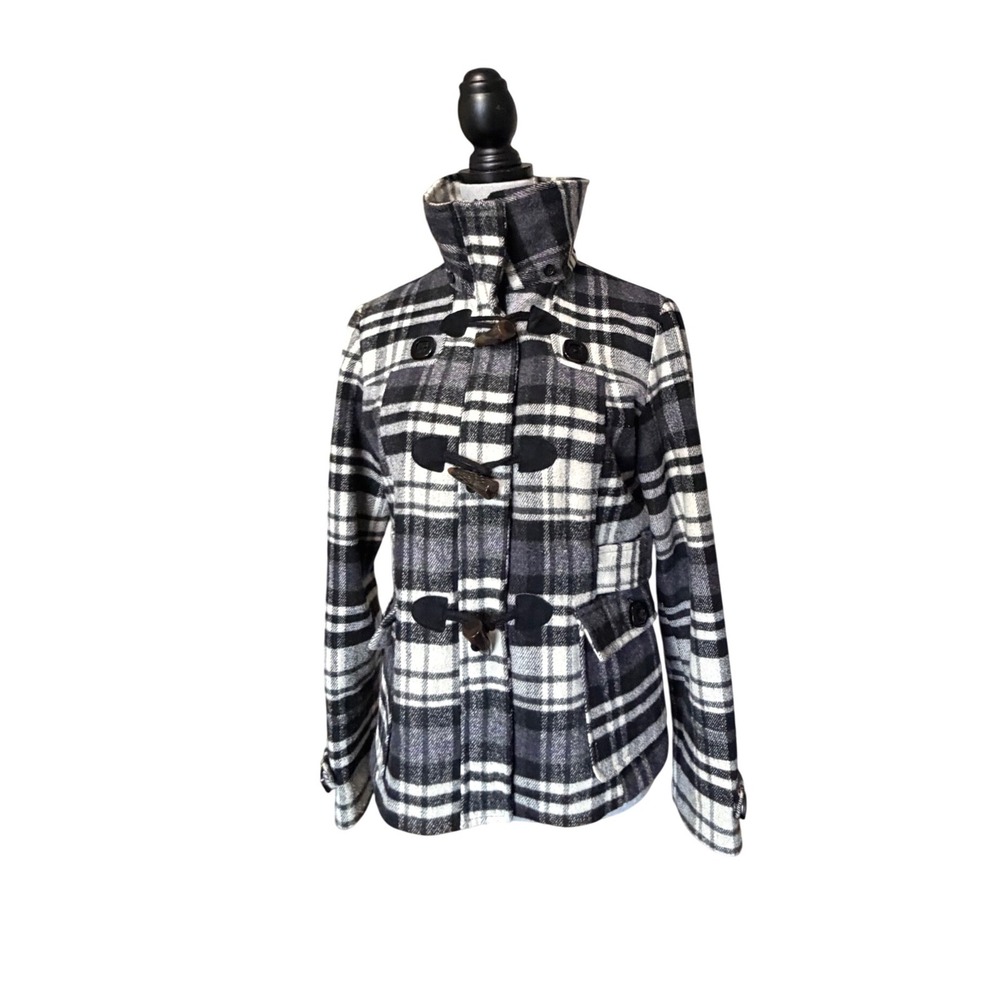 Hydraulic Plaid Duffle Coat Womens Medium Black White Grey Wool Blend Toggle Zip